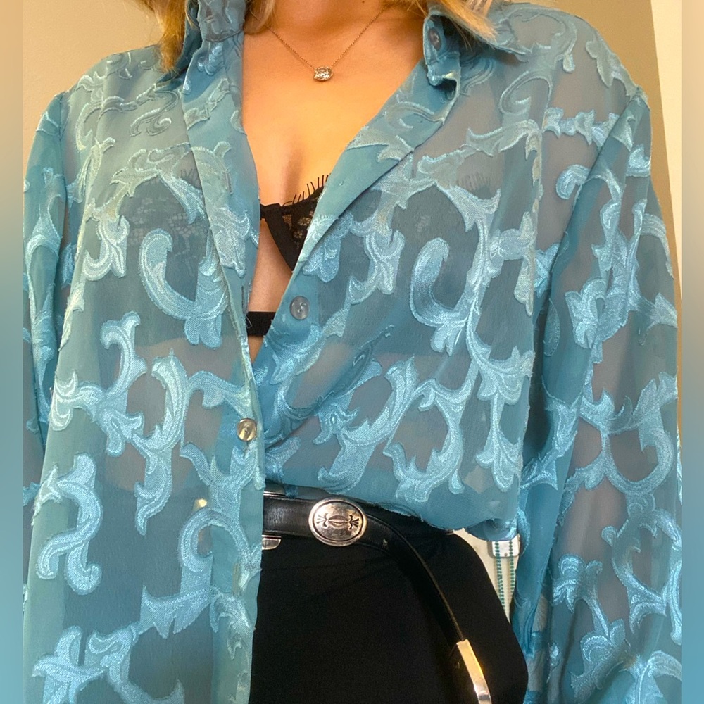 Detailed Bon Worth turquoise oversized sheer blouse size Medium